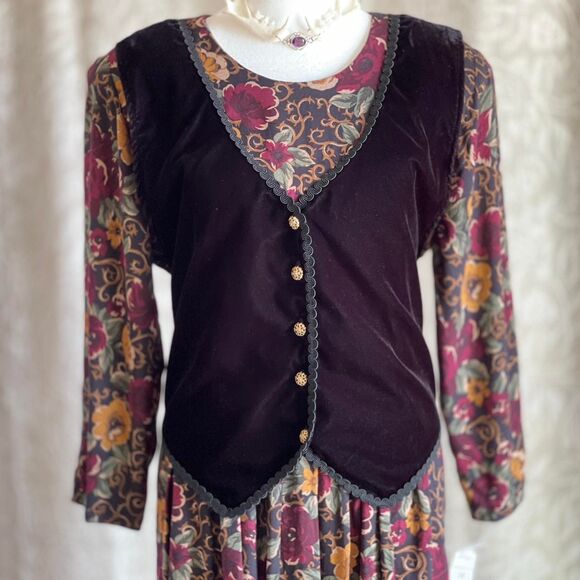 NWOT Vintage 90's Studio C Floral Maxi Dress with Attached Velvet Vest Size 14M - Picture 4 of 8